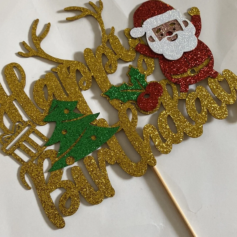 Merry Christmas Happy Birthday Santa Gold Party Cake Topper Decoration New